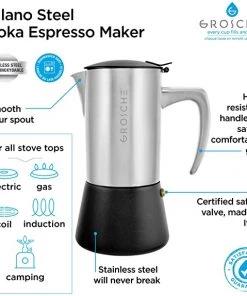 Grosche MILANO Steel Brushed Stovetop Espresso Maker 6cup Accessories